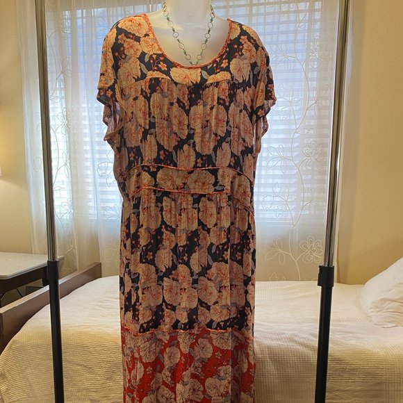 Knox Rose Dresses & Skirts - Knox Rose Red Pink Light & Dark Blue Maxi Crinkle Floral Short Sleeve Dress XXL